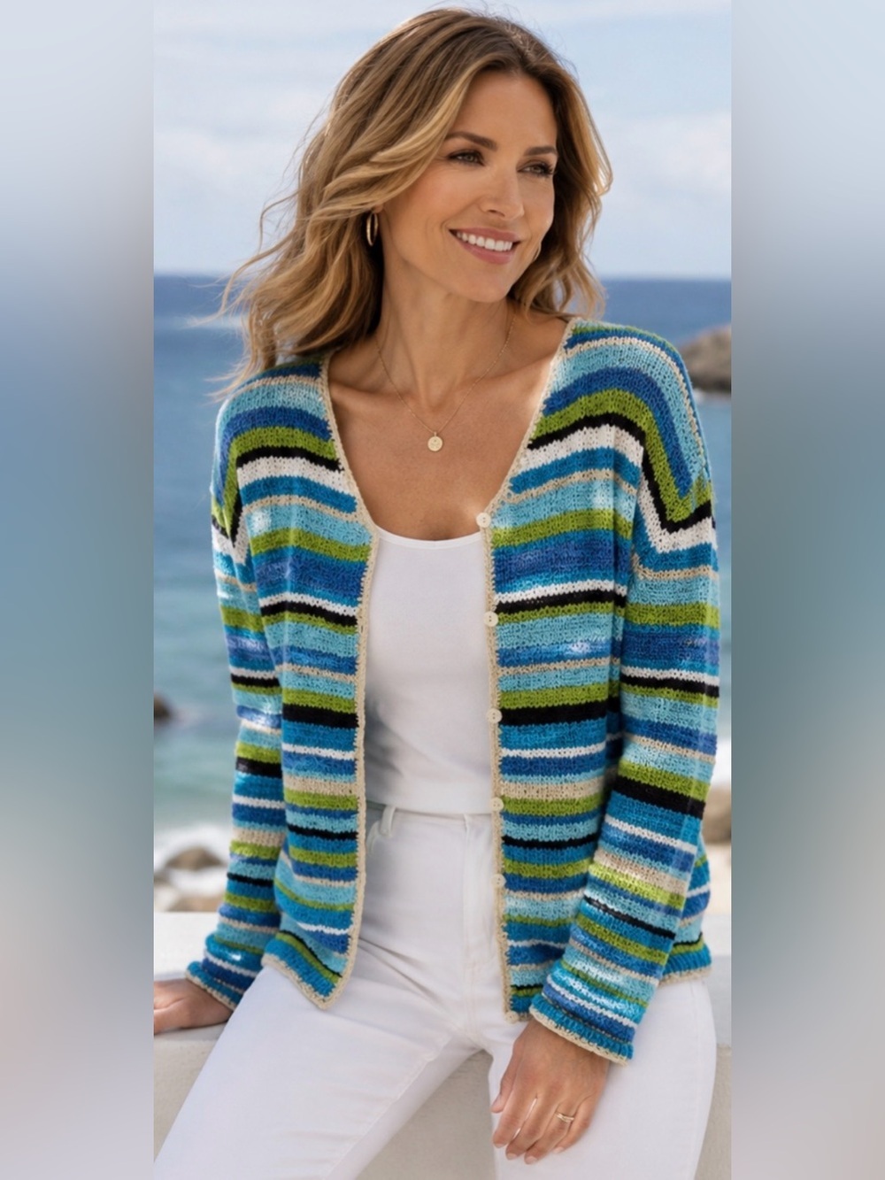 Y2K MARISA CHRISTINA VINTAGE STRIPE CROCHET CARDIGAN LARGE BLUE GREEN